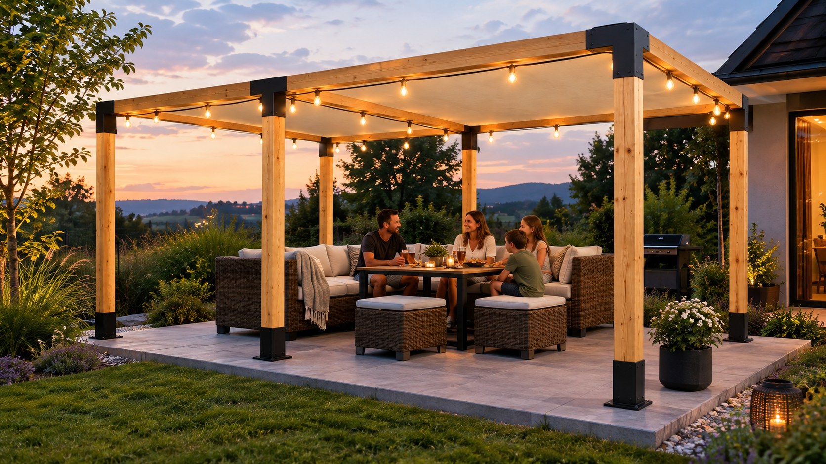 Moderná záhradná pergola z tmavých drevených trámov s oceľovými spojkami Trámové spojky